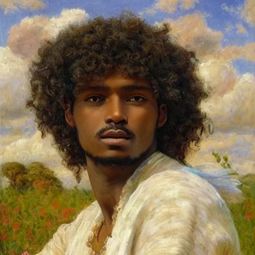 Image similar to east african man with curly hair, full body, fedosenko roman, j. w. godward, jose miguel roman frances, intricate details, countryside, dreamy, impressionist, figurative