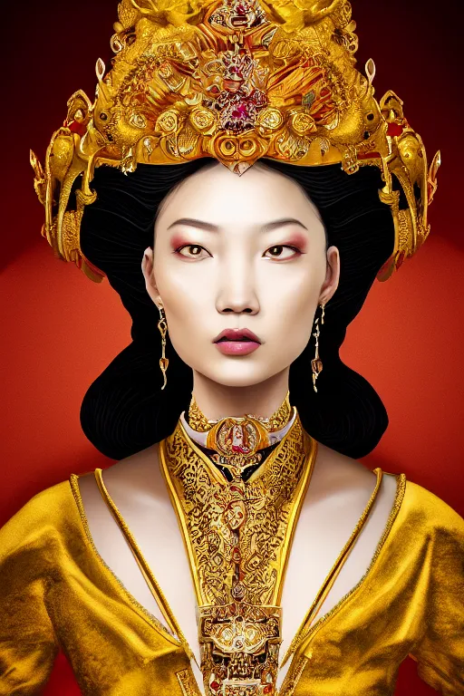 Image similar to a beautiful empress portrait, with a brilliant, impossible striking shiny big gold headpiece, reflective surface, gold clothes, rococo, baroque, jewels, asian, realistic, studio lighting, closeup, D&D, fantasy, intricate, elegant, highly detailed, digital painting, artstation, octane render, 8k, concept art, matte, sharp focus, illustration, art by Artgerm and Greg Rutkowski and Alphonse Mucha