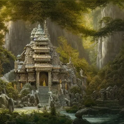 Image similar to a beautiful and highly detailed matte painting of an stone temple in a fantasy garden in a dark forest deep in the dream valley, intricate details, epic scale, insanely complex, 8 k, sharp focus, hyperrealism, very realistic, by caspar friedrich, greg rutowski, james gurney