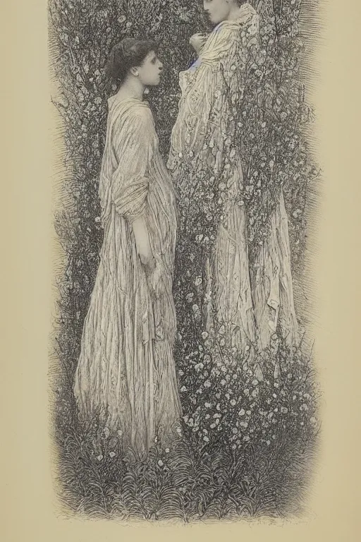 Image similar to black and white, women faces in flowers, Gustave Dore lithography