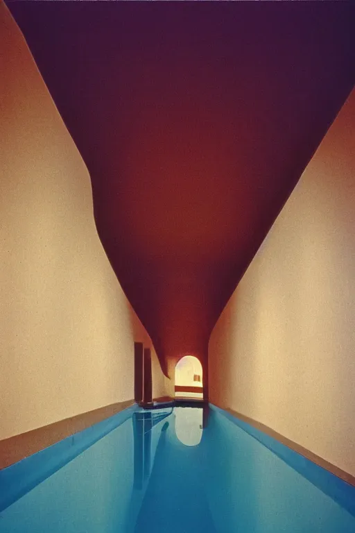 Prompt: non euclidean tiled curving swimming pool tunnels into infinity, 1 9 6 0 s, color bleed, ektachrome photograph, volumetric lighting, f 8 aperture, cinematic eastman 5 3 8 4 film stanley kubrick