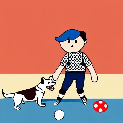 Image similar to illustration of french boy in paris playing football against a corgi, the corgi is wearing a polka dot scarf