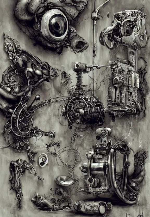 Image similar to simplicity, elegance, medical machinery, cameras lenses, animal skulls, radiating, minimalist environment, by ryan stegman and hr giger and esao andrews and maria sibylla merian eugene delacroix, gustave dore, thomas moran, the movie the thing, pop art, street art, graffiti, saturated, in the style of matthew barney