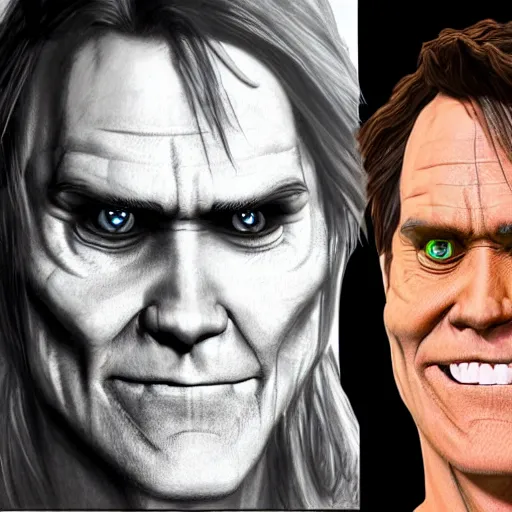 Image similar to concept art of skyrim boss that resembles jim carrey ultra detailed