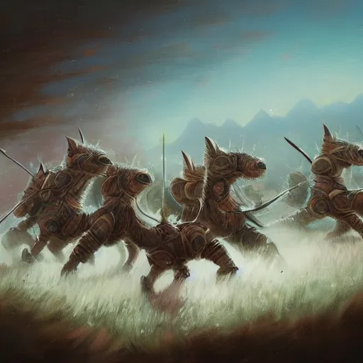 Image similar to a jessica rossier painting of a phalanx of ashigaru mice influenced by brian froud