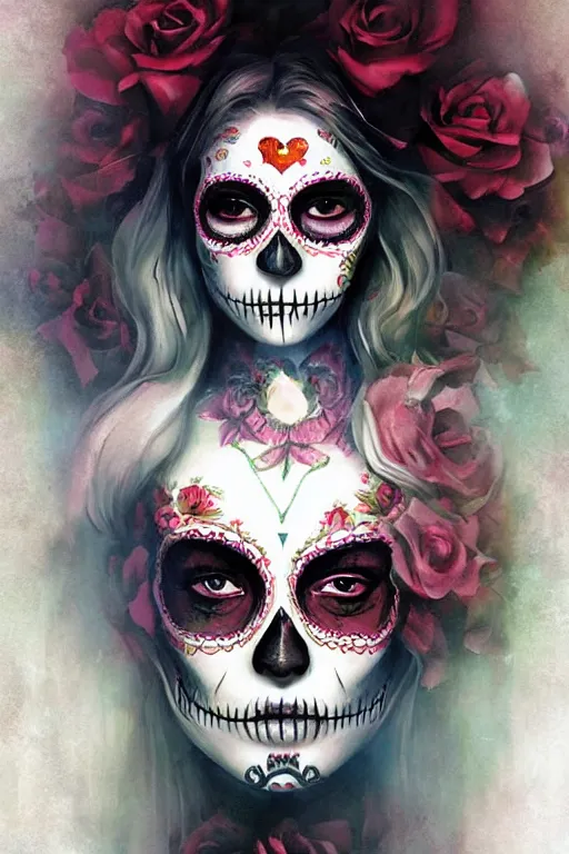 Prompt: illustration of a sugar skull day of the dead girl, art by bastien lecouffe deharme