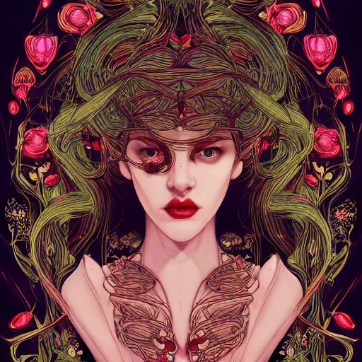 Image similar to the portrait of an unimaginably beautiful, graceful, elegant, and sophisticated young vampire woman made of bulbs of garlic, an ultrafine detailed illustration by james jean, intricate linework, bright colors, final fantasy, behance contest winner, vanitas, angular, altermodern, unreal engine 5 highly rendered, global illumination, radiant light, detailed and intricate environment