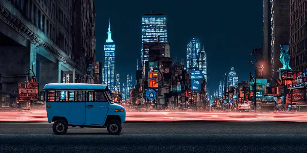 Image similar to an open frame blue tuk tuk going through a desolate manhattan city street at night, statue of liberty seen in the background, realistic 4 k octane beautifully detailed render, 4 k post - processing, highly detailed, detailed face, intricate complexity, epic composition, magical atmosphere, cinematic lighting, masterpiece, color picture, ultra hd