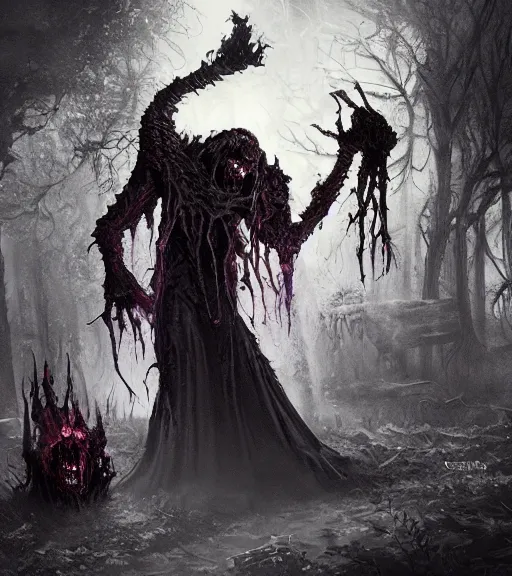 Image similar to gothic necrolord female with zombie servents, digital painting, liminal eerie midnight backlit, a picture taken by Michael Komarck and Daniel Ljunggren