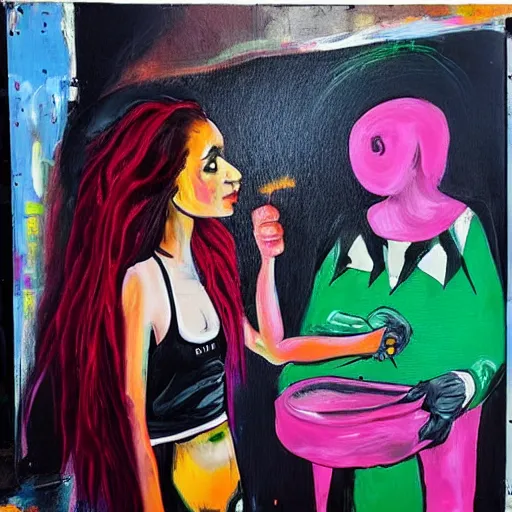 Image similar to “tall queer woman with long pink hair and a tall emo girl feeding Australian $50 notes to a weedy pig, capitalism, acrylic and spray paint and oilstick on canvas, neoexpressionism”