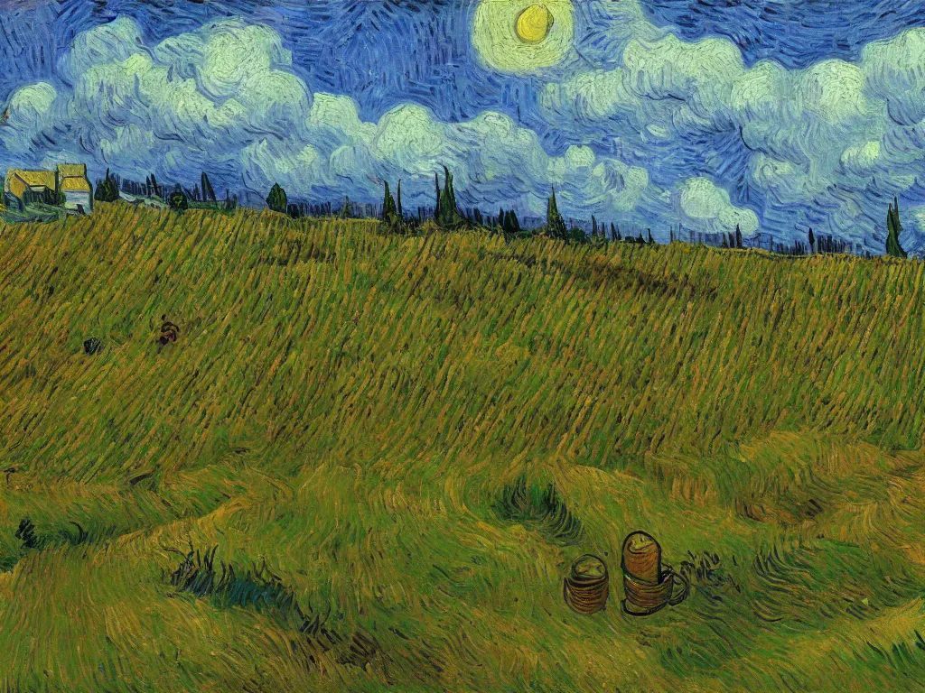 Prompt: trending on artstation, an idyllic vineyard, oil on canvas, in the style of Vincent van Gogh