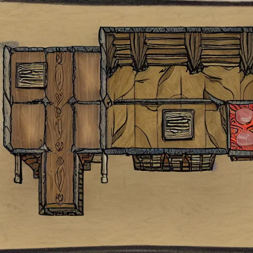 Prompt: Sketch from above of a medieval tavern with one floor, a counter, four round tables and a fireplace, dungeon 6 dragons, high fantasy setting, map