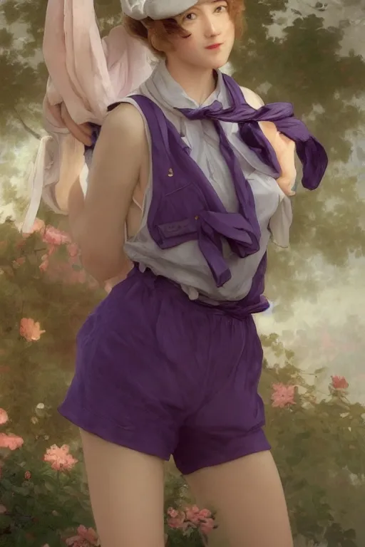 Image similar to Full View girl with short blond hair wearing an oversized purple Beret, Baggy Purple overall shorts, Short Puffy pants made of silk, silk shoes, a big billowy scarf, Golden Ribbon, and white leggings Covered in stars. Short Hair. masterpiece 4k digital illustration by Ruan Jia and Mandy Jurgens and Artgerm and william-adolphe bouguereau, award winning, Artstation, art nouveau aesthetic, Alphonse Mucha background, intricate details, realistic, panoramic view, Hyperdetailed, 8k resolution, intricate art nouveau