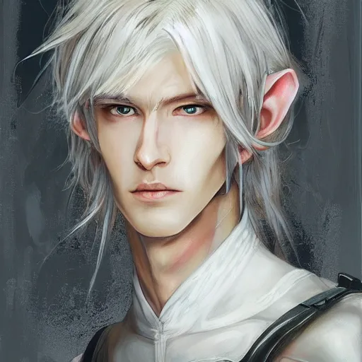 Image similar to portrait of an elf by ayami kojima, he is about 2 0 years old, androgenic, long white hair, slender and tall, smirk, he is wearing a modern tactical gear, scifi, highly detailed portrait, digital painting, artstation, concept art, smooth, sharp foccus ilustration, artstation hq