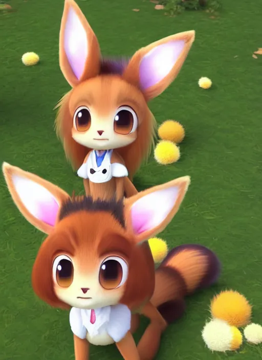 Prompt: female eevee mini cute girl, character adoptable, highly detailed, rendered, ray - tracing, cgi animated, 3 d demo reel avatar, style of maple story and zootopia, maple story eevee, fluffy, dark skin, cool clothes, soft shade, soft lighting