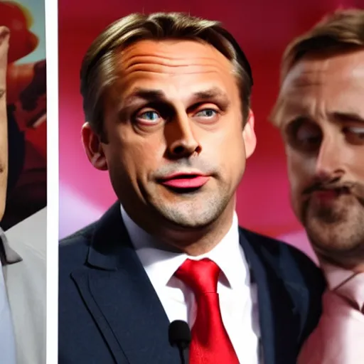 Image similar to Viktor Orban fighting Ryan Gosling