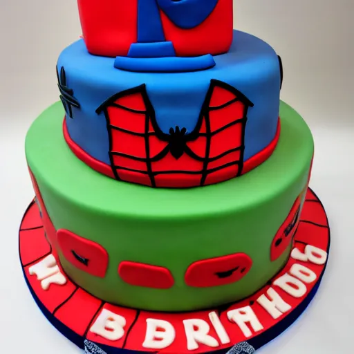 Image similar to a funny picture of a spiderman themed birthday cake, goofy face, 8 k, 4 k, delicious