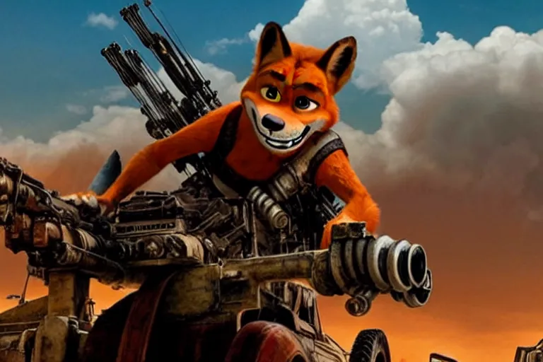 Image similar to nick wilde, heavily armed and armored facing down armageddon in a dark and gritty reboot from the makers of mad max : fury road