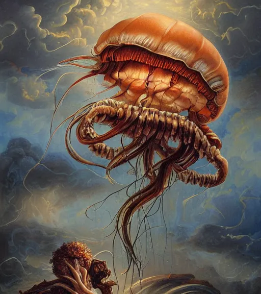 Image similar to an anatomical oil painting of a Harpy jellyfish from a medical journal by Peter Mohrbacher and Nychos, highly detailed, high detail, 8k, storm clouds, birds, dramatic lighting