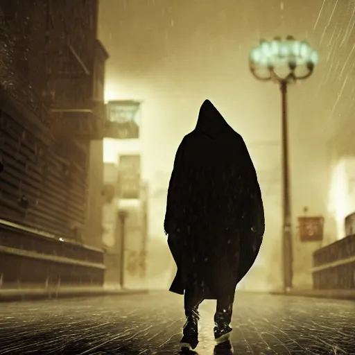 Prompt: a hooded man facing backwards in a tense rain, cinematic, cut-scene, ps5