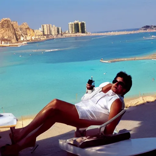 Prompt: tony montana on vacation in benidorm