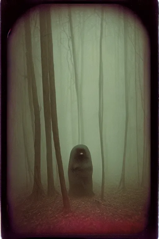 Prompt: ominous cursed hyperrealistic gritty daguerreotype 1 9 8 4 polaroid cinestill of ghastly entity in haunted foggy forest, designed by wayne barlowe, beksinski, scp historical archives. david lynchian atmosphere. deep aesthetics of weirdcore