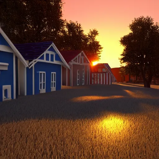 Prompt: glue houses, vaponpunk, sunset, 8k, soft light, ray tracing, wet ground