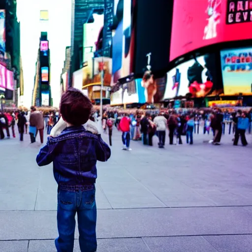 Prompt: a child being surrounded by giant smartphones on the busiest time square ever, photography, hyperrealism, cinematic, bokeh