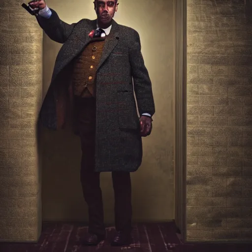 Image similar to Photograph of a man with a stern look dressed in brown tweed long coat. He has a gun in his hand and seems mentally unstable. 4K, dramatic lighting