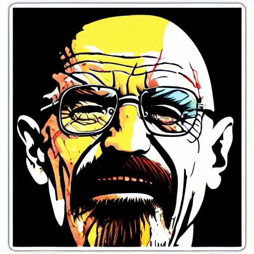 Image similar to die cut sticker, walter white laughing like the joker, splatter paint