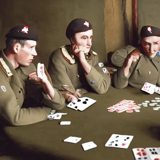 Prompt: Four French Soldiers playing cards at a table, Second World War, 4k, smooth, highly detailed, sharp focus, anime, close-up shot