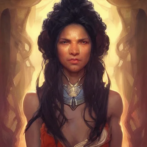 Prompt: beautiful, very strong, mixed race, female, aged 4 0, face, no makeup, head shot, fantasy, highly detailed, digital painting, artstation, concept art, sharp focus, illustration, art by artgerm and greg rutkowski and alphonse mucha