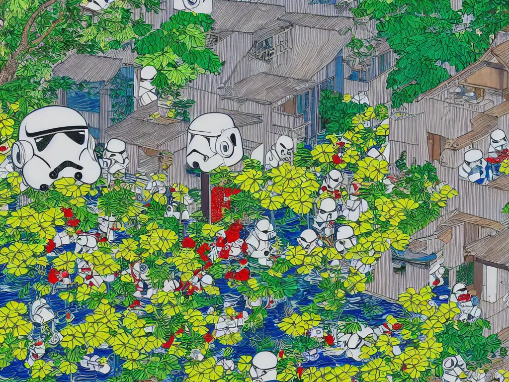 Prompt: super - detailed close - up image of one japanese house with a garden, pond, five stormtroopers sitting around it, in style of pop - art, andy warho style, roy lichtenstein style, jackie tsa stylei, bright palette, acrylic on canvas