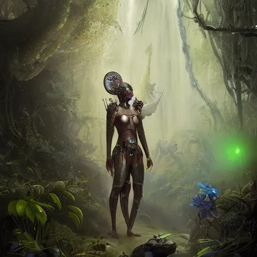 Image similar to tom bagshaw, beautiful amazon full armor, mythical cosmic shrine, soft painting render curiosities carnival pond river vegetation rocks bugs wildlife mushrooms covered moss bioluminescent wisps, beautiful stunning waterfall, accurate features, focus, very intricate ultrafine details, random volumetric lighting, fog, award winning masterpiece, octane render 8 k hd, artstation