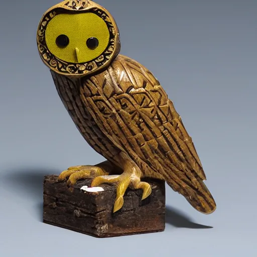 Image similar to ornate small owl idol made of bone with intricate carvings and realistic yellow owl eyes. museum catalog photograph with ruler for scale