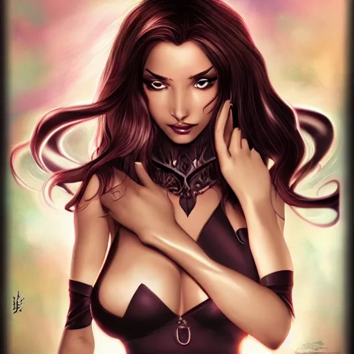 Image similar to sorceress by artgerm, brunette,