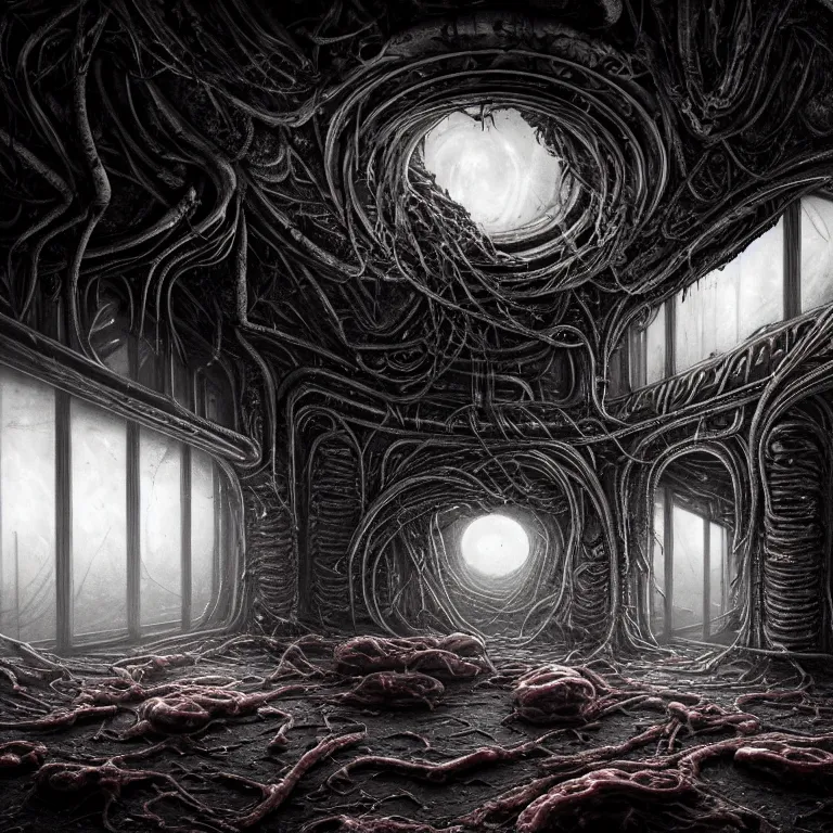 Prompt: ribbed surreal abandoned biomechanical alien spaceship interior halls on exoplanet, covered in organic flesh meat, in a desolate empty wasteland, creepy, nightmare, dream-like heavy atmosphere, surreal abandoned buildings, beautiful detailed intricate insanely detailed octane render trending on Artstation, 8K artistic photography, photorealistic, chiaroscuro, Raphael, Caravaggio, Beksinski, Giger