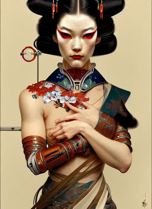 Image similar to cyborg geisha, diffuse lighting, fantasy, intricate, elegant, highly detailed, lifelike, photorealistic, digital painting, artstation, illustration, concept art, smooth, sharp focus, art by John Collier and Albert Aublet and Krenz Cushart and Artem Demura and Alphonse Mucha