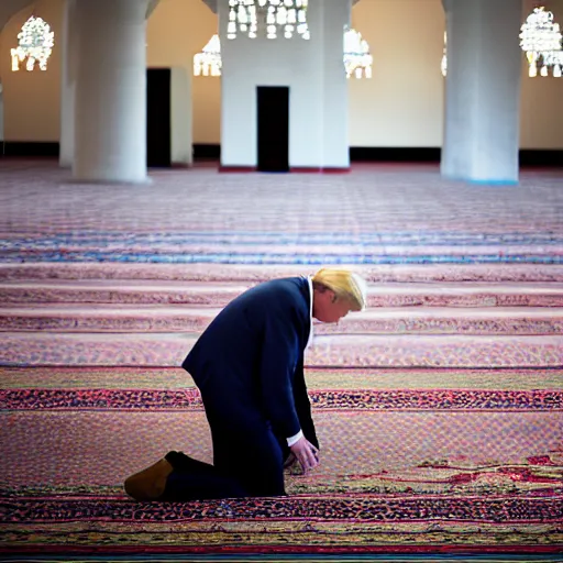 Image similar to Trump praying in mosque, award winning cinematic photography, 50 mm, blurred background, perfect faces