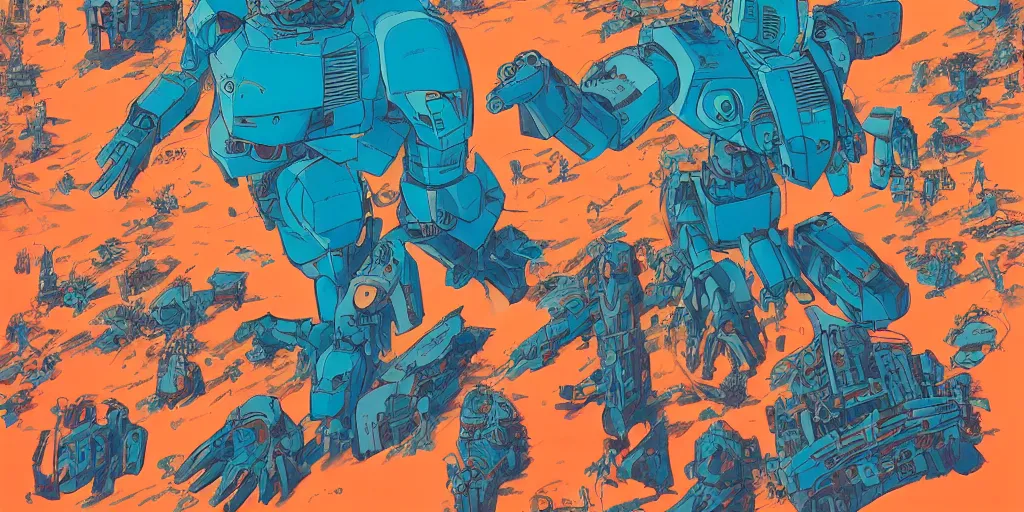 Image similar to risograph, gigantic mecha faces, no artifacts, tiny rats, a lot of exotic animals around, big human faces everywhere, by satoshi kon and moebius, matte blue colors, surreal design, crispy, super - detailed, a lot of tiny details, no blur, 4 k, fullshot