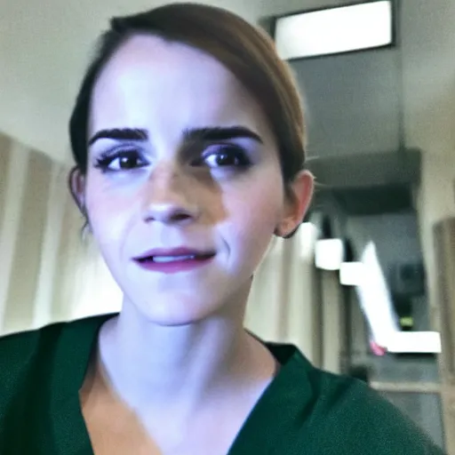 Image similar to photo, close up, emma watson in nurse scrubs, dim light, low light, fog, android cameraphone, snapchat story screenshot, 2 6 mm,