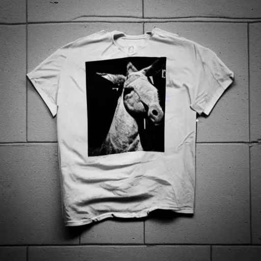 Prompt: “photo of a ripped, filthy dirty off-white t-shirt with the picture of a donkey on it, hanging on a dirty concrete wall in a dark room with the floor covered in trash and garbage. Flash photo.Cursed image.”