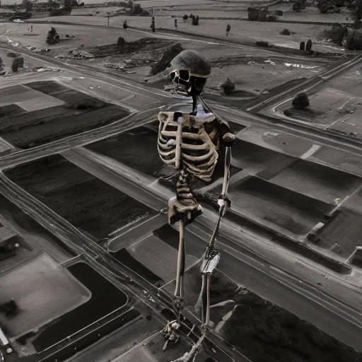 Image similar to a high resolution realistic photo of a giant skeleton standing in a small town, the photo was taken from a plane, ultra high detail, realistic.