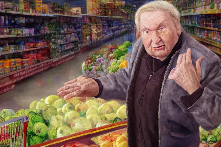 Image similar to john madden as a contestant on supermarket sweep, old elder expressive male face, grocery store, ethereal details, night, cinematic lighting, hyper - detailed, maximalist, trending on artstation, cgsociety, 8 k, high resolution, in the style of faiza maghni, david ligare, flora borsi, daniel gerhartz, elena masci