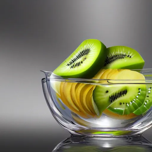 Image similar to close up of large clear bowl full of water with kiwifruit slices floating in it. 4K award winning photorealistic concept art. smooth, sharp focus, illustration, art by artgerm and moebius and alphonse mucha 3/4 view. infomercial. promotional. clear photography. 8k.