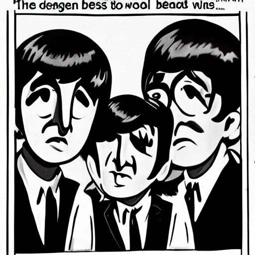 Prompt: cartoon by bob clampett about the beatles, vintage black and white film, 1 9 6 0 s