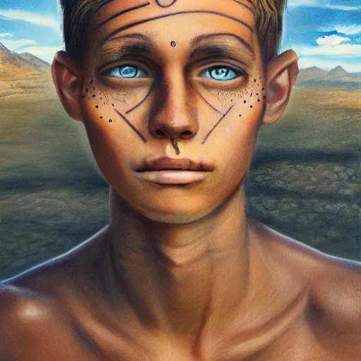 Image similar to a detailed portrait of a tan boy with a small face tattoo in the desert, fantasy art illustration, incredibly highly detailed and realistic, 8 k, sharp focus