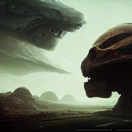 Image similar to a spaceship flies past a skull of a colossal creature, in the style of wlop and greg rutkowski, illustration, epic, sci - fi, hyper detailed, smooth, unreal engine 5, sharp focus, ray tracing