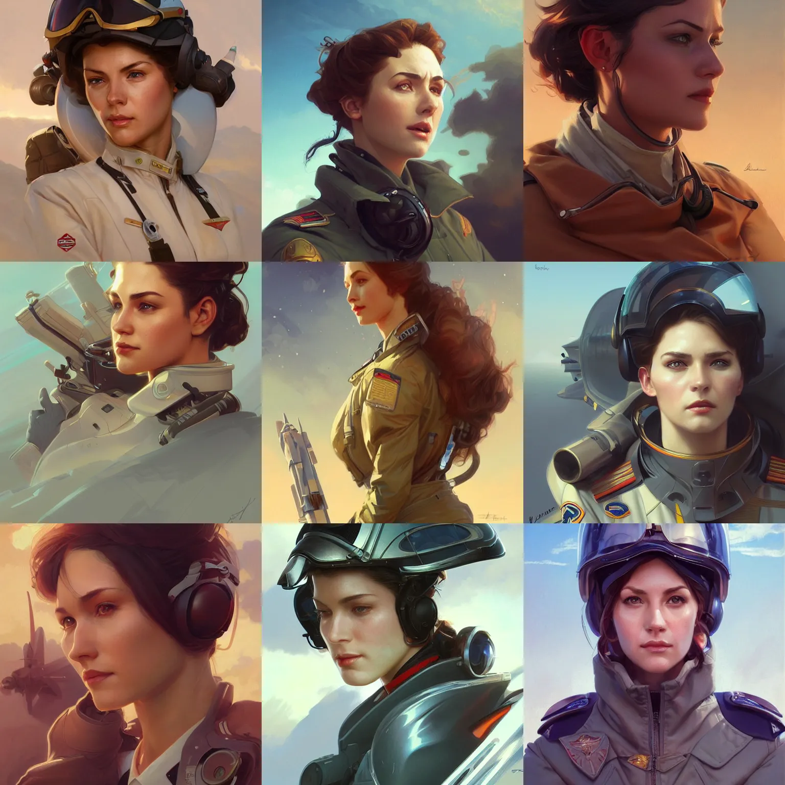 Prompt: female pilot, portrait, highly detailed, digital painting, artstation, concept art, sharp focus, illustration, art by artgerm and greg rutkowski and alphonse mucha