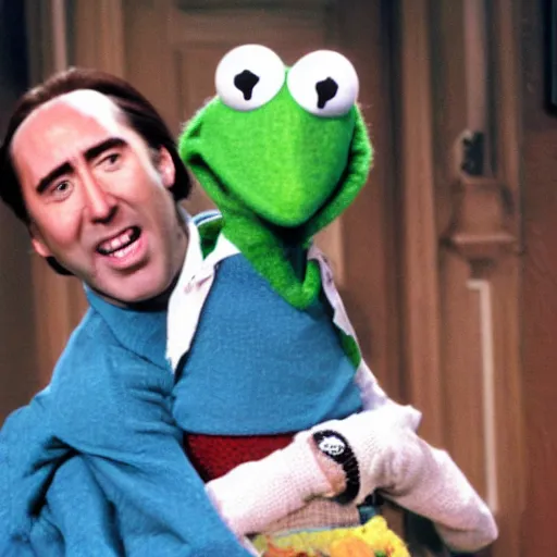 Image similar to an emaciated nic cage playing kermit the frog on sesame street, hd digital photography